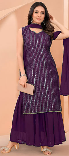 Purple and Violet color Salwar Kameez in Faux Georgette fabric with Embroidered, Sequence work