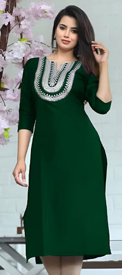 Green color Kurti in Art Silk fabric with Embroidered, Thread work