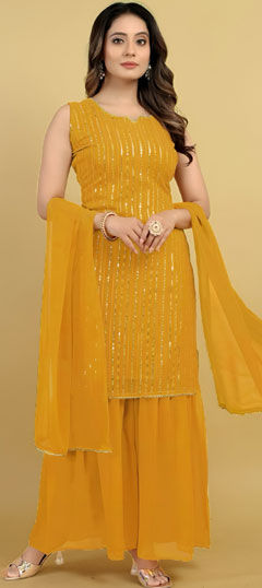 Yellow color Salwar Kameez in Faux Georgette fabric with Embroidered, Sequence work