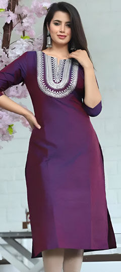 Purple and Violet color Kurti in Art Silk fabric with Embroidered, Thread work