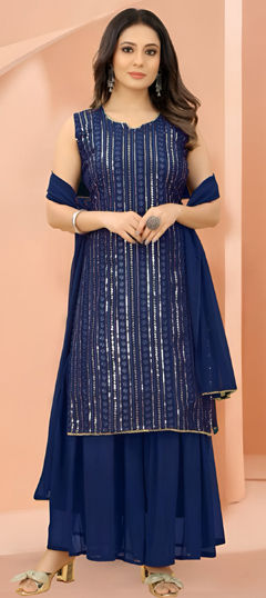 Blue color Salwar Kameez in Faux Georgette fabric with Embroidered, Sequence work