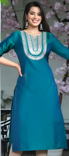 Blue color Kurti in Art Silk fabric with Embroidered, Thread work