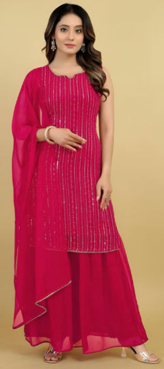 Pink and Majenta color Salwar Kameez in Faux Georgette fabric with Embroidered, Sequence work