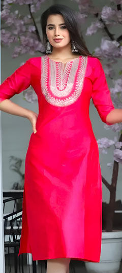 Pink and Majenta color Kurti in Art Silk fabric with Embroidered, Thread work