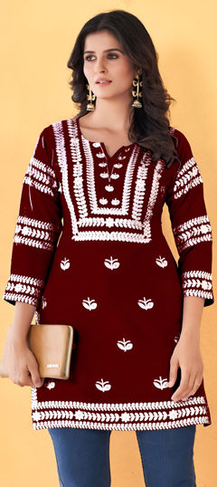 Red and Maroon color Kurti in Rayon fabric with Embroidered work