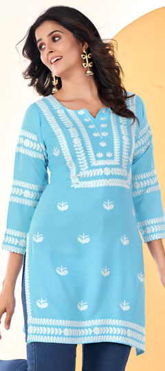 Blue color Kurti in Rayon fabric with Embroidered work