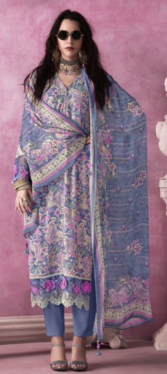 Purple and Violet color Salwar Kameez in Muslin fabric with Digital Print, Embroidered, Patch work