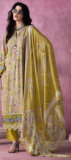 Yellow color Salwar Kameez in Muslin fabric with Digital Print, Embroidered, Patch work