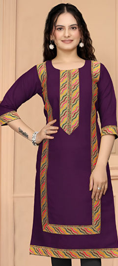 Purple and Violet color Kurti in Cotton fabric with Lace work