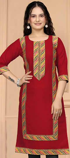 Red and Maroon color Kurti in Cotton fabric with Lace work