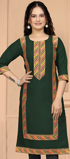 Green color Kurti in Cotton fabric with Lace work