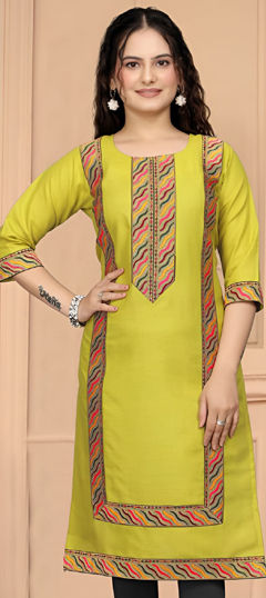 Yellow color Kurti in Cotton fabric with Lace work