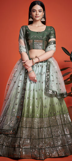 Green color Lehenga in Silk fabric with Embroidered, Sequence work