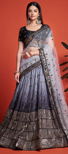 Black and Grey color Lehenga in Silk fabric with Embroidered, Sequence work