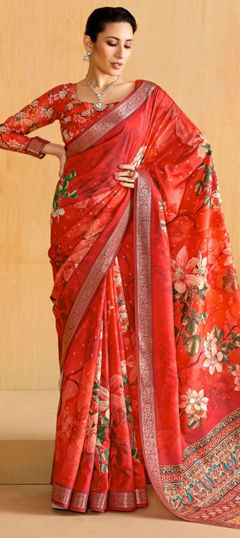 Red and Maroon color Saree in Silk fabric with Floral, Printed, Weaving work