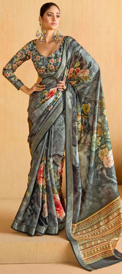 Black and Grey color Saree in Silk fabric with Floral, Printed, Weaving work