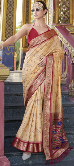 Beige and Brown color Saree in Tussar Silk fabric with Weaving, Zari work