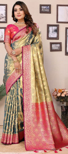 Black and Grey, Gold color Saree in Banarasi Silk fabric with Weaving work