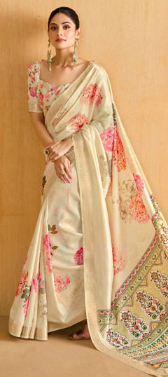 Beige and Brown color Saree in Silk fabric with Floral, Printed, Weaving work