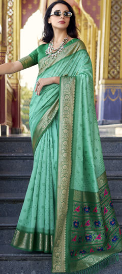 Green color Saree in Tussar Silk fabric with Weaving, Zari work