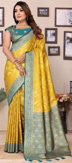 Blue, Yellow color Saree in Banarasi Silk fabric with Weaving work