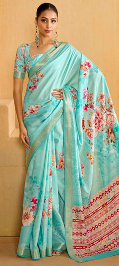 Blue color Saree in Silk fabric with Floral, Printed, Weaving work