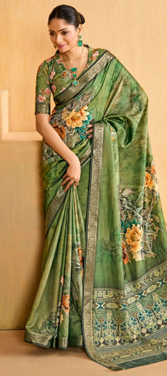 Green color Saree in Silk fabric with Floral, Printed, Weaving work