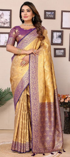 Beige and Brown, Purple and Violet color Saree in Banarasi Silk fabric with Weaving work