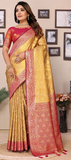 Beige and Brown, Red and Maroon color Saree in Banarasi Silk fabric with Weaving work