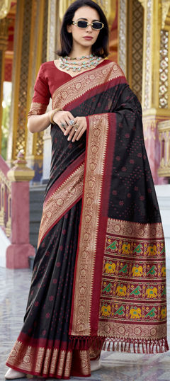 Black and Grey color Saree in Tussar Silk fabric with Weaving, Zari work