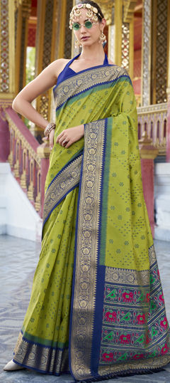 Green color Saree in Tussar Silk fabric with Weaving, Zari work