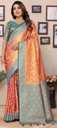 Blue, Pink and Majenta color Saree in Banarasi Silk fabric with Weaving work