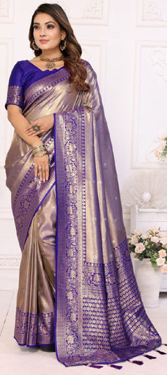 Beige and Brown color Saree in Banarasi Silk fabric with Weaving work