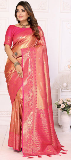 Pink and Majenta color Saree in Banarasi Silk fabric with Weaving work