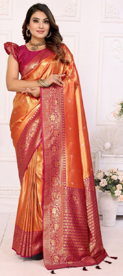 Orange color Saree in Banarasi Silk fabric with Weaving work