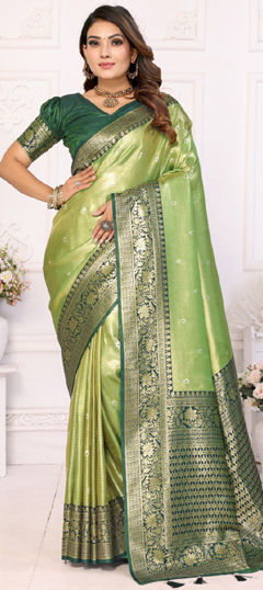 Green color Saree in Banarasi Silk fabric with Weaving work