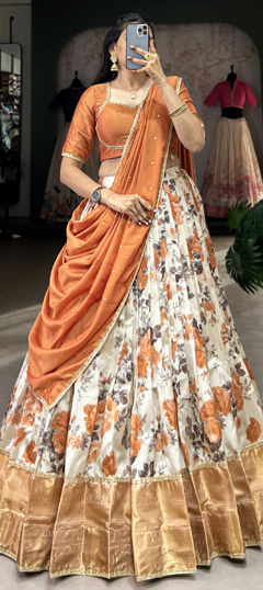 Orange color Lehenga in Silk fabric with Floral, Printed, Weaving work