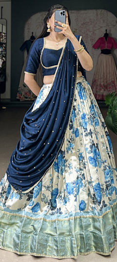 Blue color Lehenga in Silk fabric with Floral, Printed, Weaving work