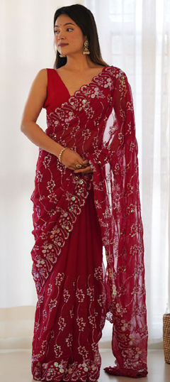 Red and Maroon color Saree in Shimmer fabric with Embroidered, Sequence, Thread, Zari work