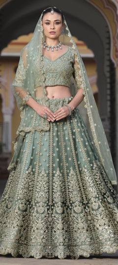 Green color Lehenga in Net fabric with Embroidered, Sequence, Thread, Zari work