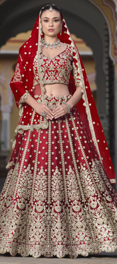 Red and Maroon color Lehenga in Net fabric with Embroidered, Sequence, Thread, Zari work