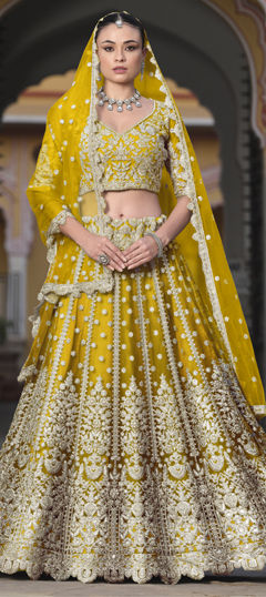 Yellow color Lehenga in Net fabric with Embroidered, Sequence, Thread, Zari work