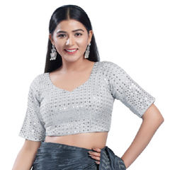 Silver color Blouse in Silk fabric with Sequence, Thread work