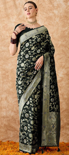 Black and Grey color Saree in Banarasi Silk fabric with Weaving, Zari work