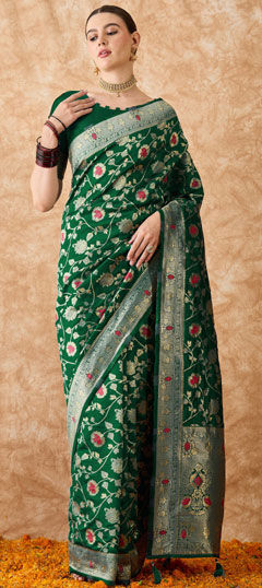 Green color Saree in Banarasi Silk fabric with Weaving, Zari work