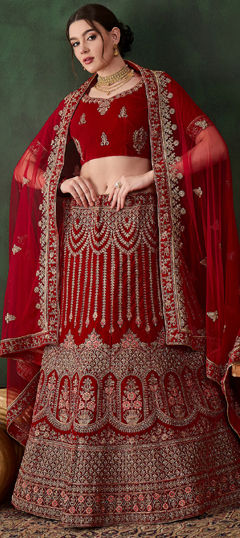 Red and Maroon color Lehenga in Velvet fabric with Embroidered, Stone, Thread, Zari work