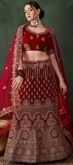 Red and Maroon color Lehenga in Velvet fabric with Embroidered, Stone, Thread, Zari work