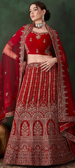 Red and Maroon color Lehenga in Velvet fabric with Embroidered, Stone, Thread, Zari work