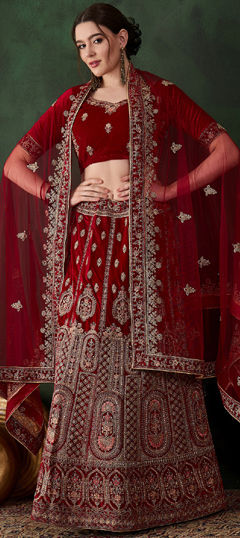 Purple and Violet color Lehenga in Velvet fabric with Embroidered, Stone, Thread, Zari work