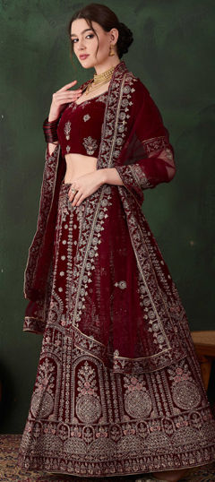 Red and Maroon color Lehenga in Velvet fabric with Embroidered, Stone, Thread, Zari work